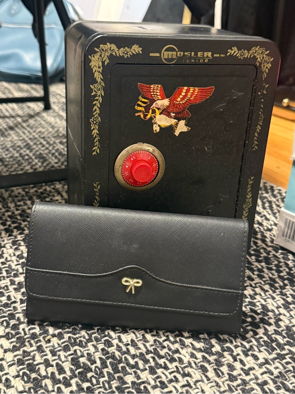 Black Women's Wallet Clutch with Gold Bow Accent